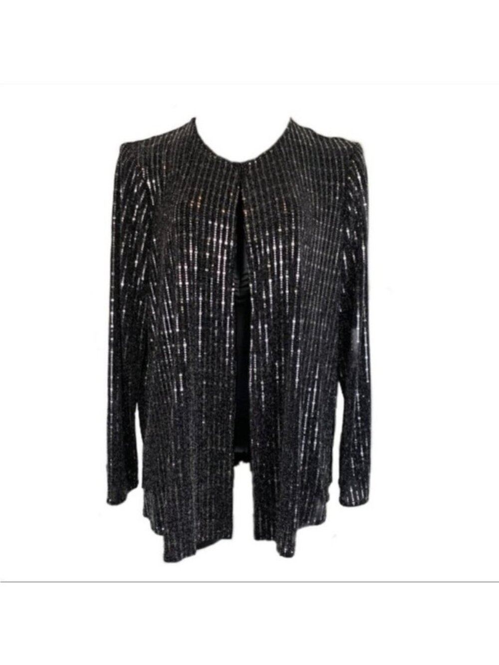 Anne Klein Sequin Jacket Size S Black Silver Sparkle Long Sleeve Open Front NWT - Picture 2 of 12